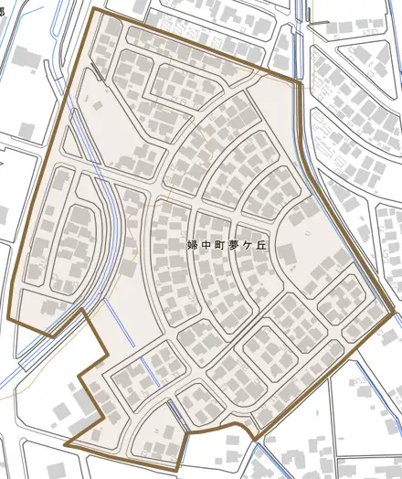 婦中町夢ケ丘とその周辺の地図。町の範囲を重ねている
