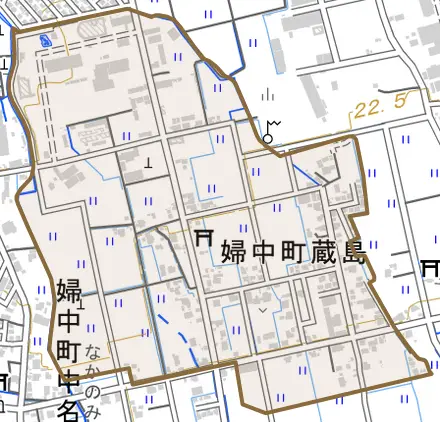 婦中町蔵島とその周辺の地図。町の範囲を重ねている
