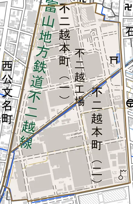 不二越本町とその周辺の地図。町の範囲を重ねている