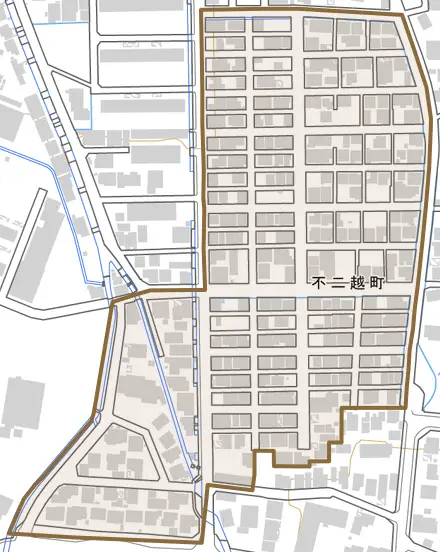 不二越町とその周辺の地図。町の範囲を重ねている