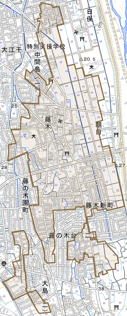 藤木とその周辺の地図。町の範囲を重ねている