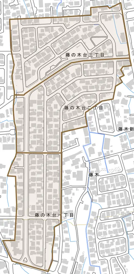 藤の木台とその周辺の地図。町の範囲を重ねている