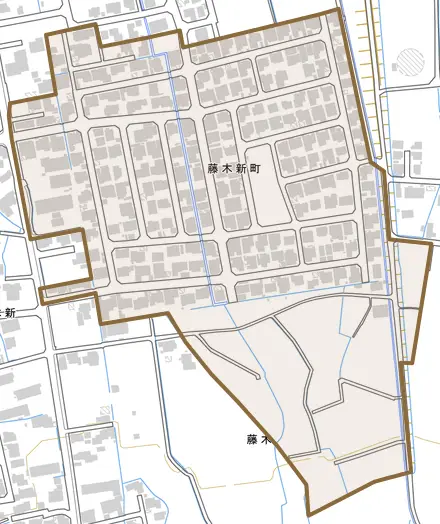 藤木新町とその周辺の地図。町の範囲を重ねている