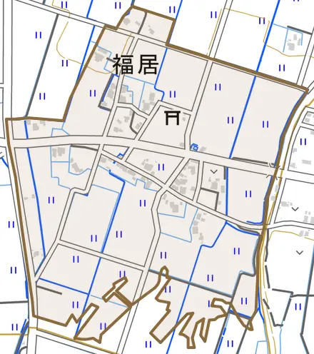 福居とその周辺の地図。町の範囲を重ねている