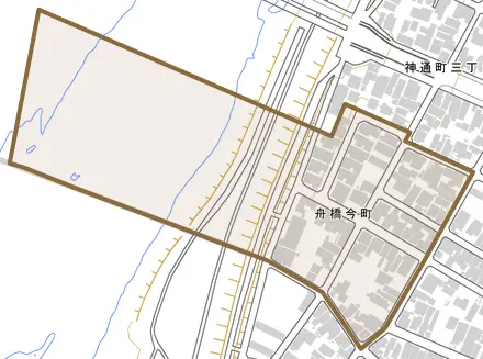 舟橋今町とその周辺の地図。町の範囲を重ねている