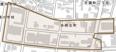 舟橋北町とその周辺の地図。町の範囲を重ねている