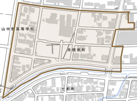 舟橋南町とその周辺の地図。町の範囲を重ねている