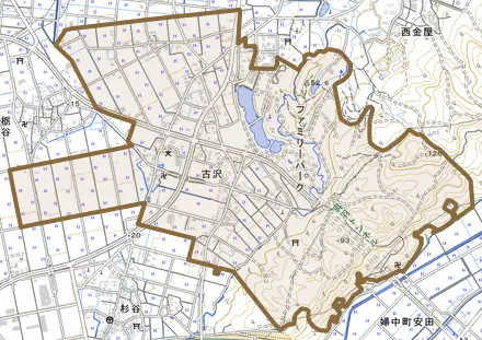 古沢とその周辺の地図。町の範囲を重ねている