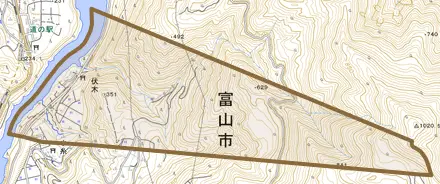 伏木とその周辺の地図。町の範囲を重ねている