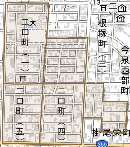 二口町とその周辺の地図。町の範囲を重ねている