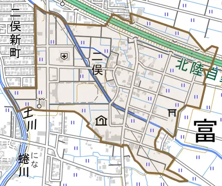 二俣とその周辺の地図。町の範囲を重ねている