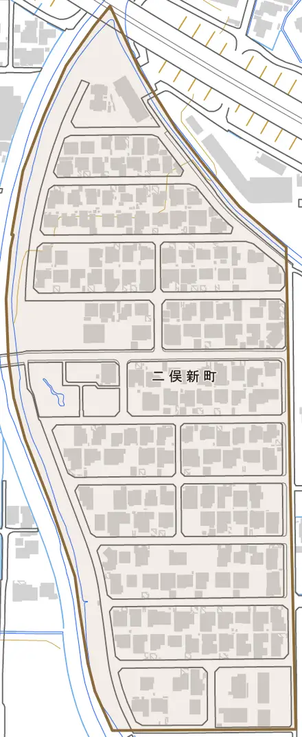 二俣新町とその周辺の地図。町の範囲を重ねている