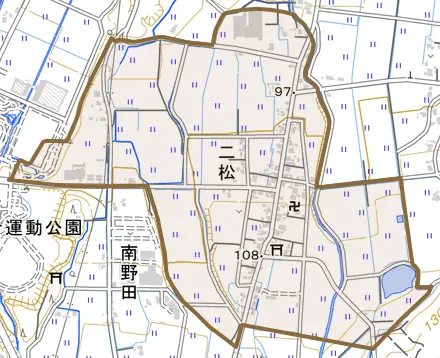 二松とその周辺の地図。町の範囲を重ねている