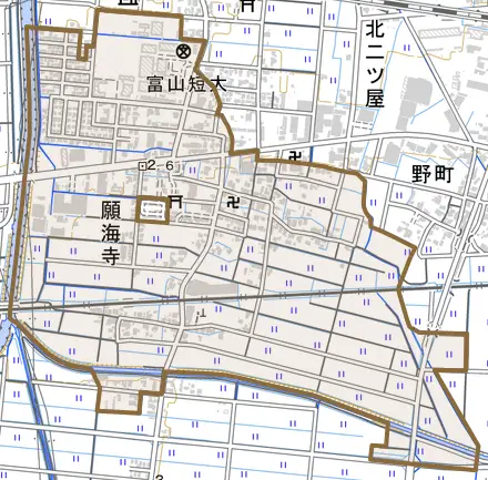 願海寺とその周辺の地図。町の範囲を重ねている