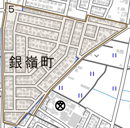 銀嶺町とその周辺の地図。町の範囲を重ねている