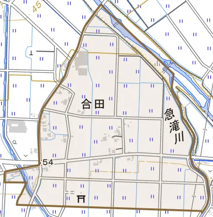 合田とその周辺の地図。町の範囲を重ねている