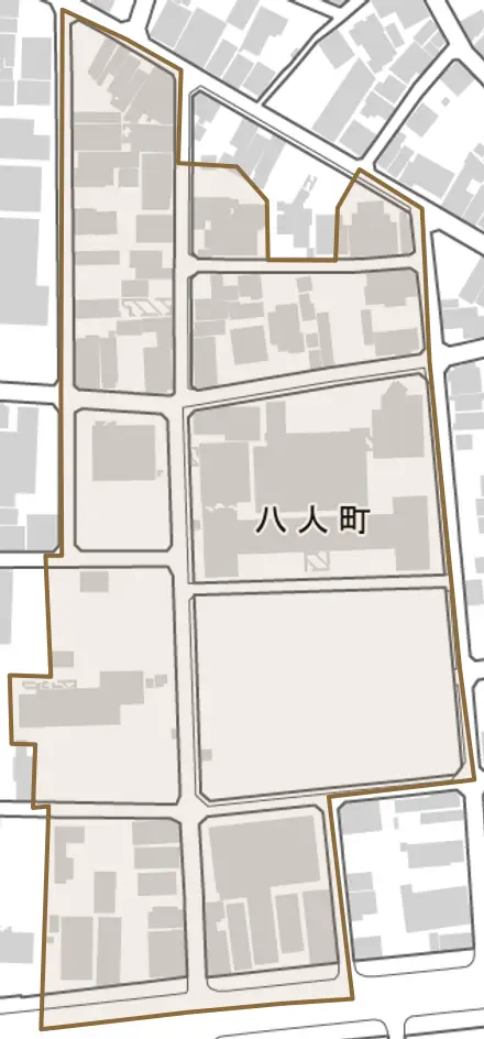 八人町とその周辺の地図。町の範囲を重ねている