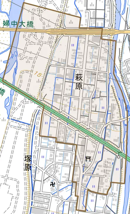 萩原とその周辺の地図。町の範囲を重ねている