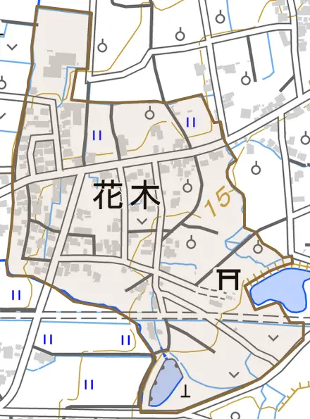花木とその周辺の地図。町の範囲を重ねている