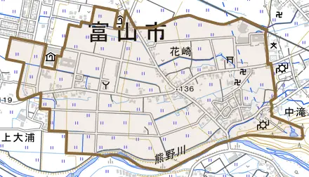 花崎とその周辺の地図。町の範囲を重ねている