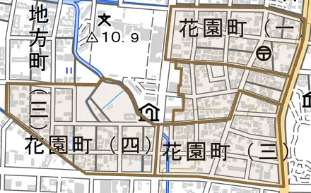 花園町とその周辺の地図。町の範囲を重ねている