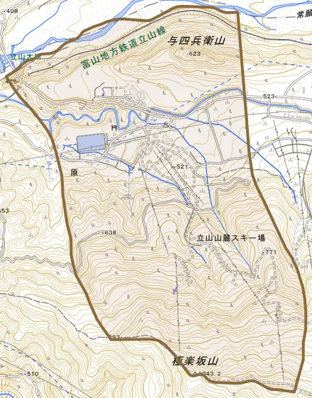 原とその周辺の地図。町の範囲を重ねている
