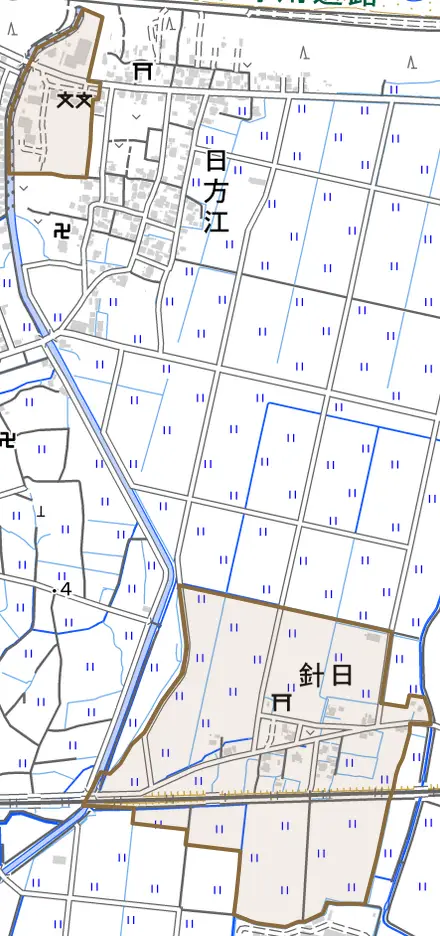 針日とその周辺の地図。町の範囲を重ねている