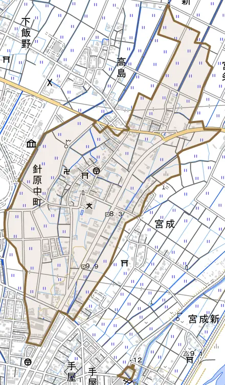 針原中町とその周辺の地図。町の範囲を重ねている