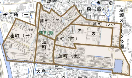 蓮町とその周辺の地図。町の範囲を重ねている