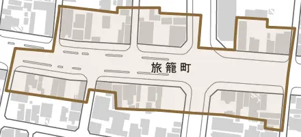 旅籠町とその周辺の地図。町の範囲を重ねている