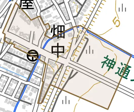 畑中とその周辺の地図。町の範囲を重ねている