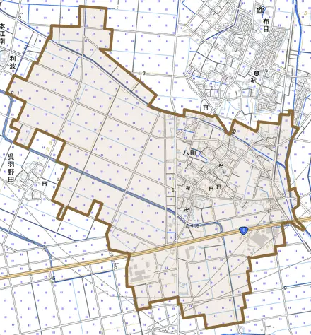 八町とその周辺の地図。町の範囲を重ねている