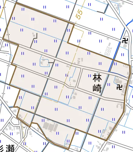 林崎とその周辺の地図。町の範囲を重ねている