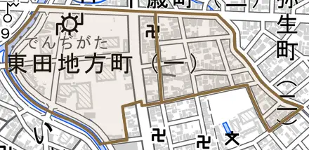 東田地方町とその周辺の地図。町の範囲を重ねている