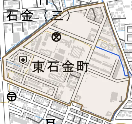 東石金町とその周辺の地図。町の範囲を重ねている