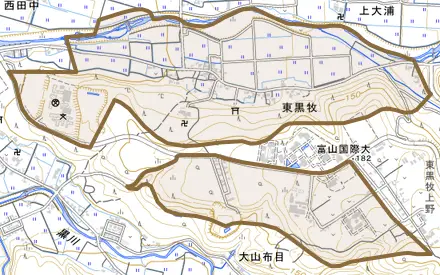 東黒牧とその周辺の地図。町の範囲を重ねている