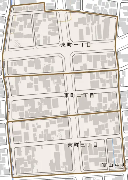 東町とその周辺の地図。町の範囲を重ねている