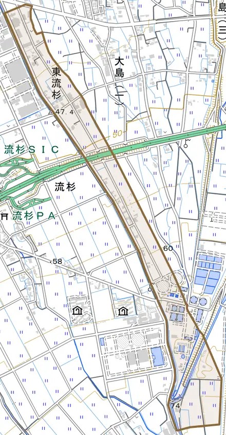 東流杉とその周辺の地図。町の範囲を重ねている