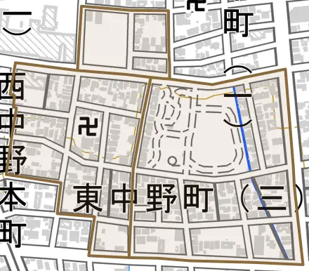 東中野町とその周辺の地図。町の範囲を重ねている