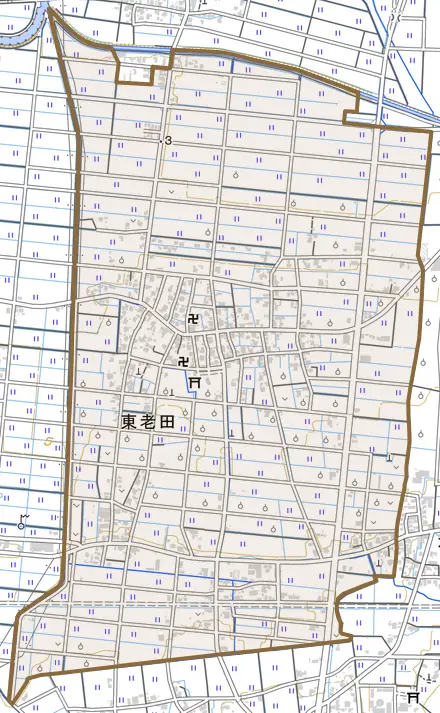 東老田とその周辺の地図。町の範囲を重ねている