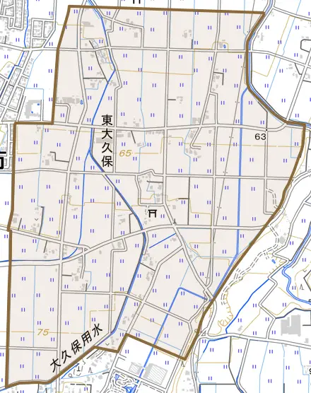 東大久保とその周辺の地図。町の範囲を重ねている