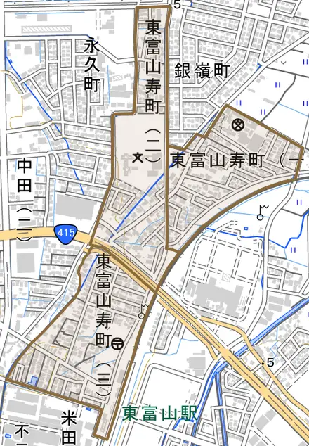 東富山寿町とその周辺の地図。町の範囲を重ねている