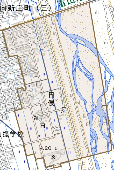 日俣とその周辺の地図。町の範囲を重ねている