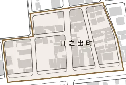 日之出町とその周辺の地図。町の範囲を重ねている