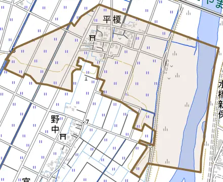 平榎とその周辺の地図。町の範囲を重ねている