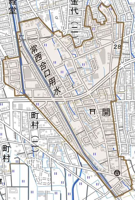 開とその周辺の地図。町の範囲を重ねている