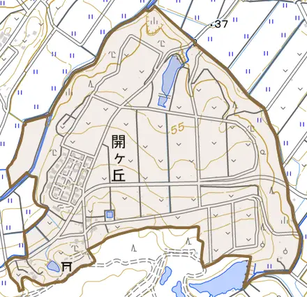 開ヶ丘とその周辺の地図。町の範囲を重ねている