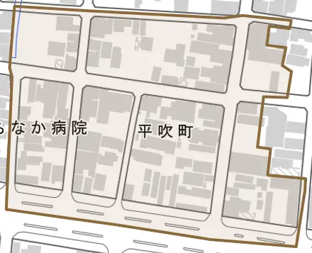 平吹町とその周辺の地図。町の範囲を重ねている