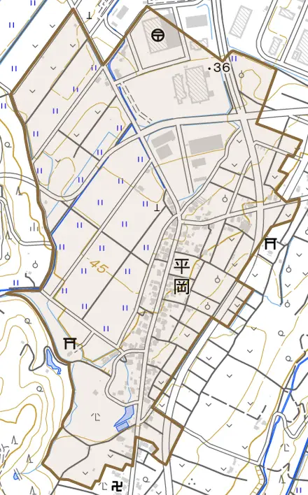 平岡とその周辺の地図。町の範囲を重ねている