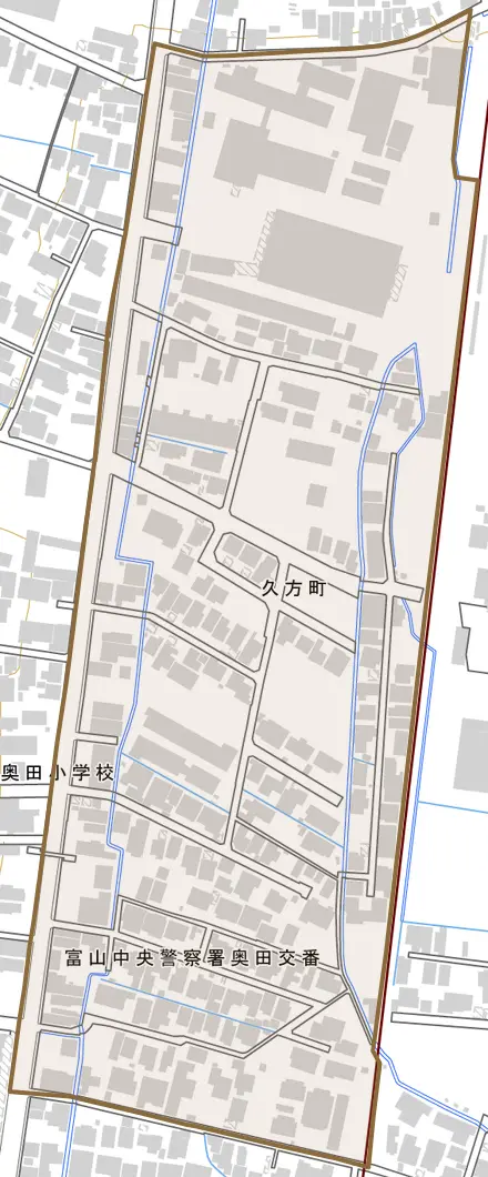 久方町とその周辺の地図。町の範囲を重ねている